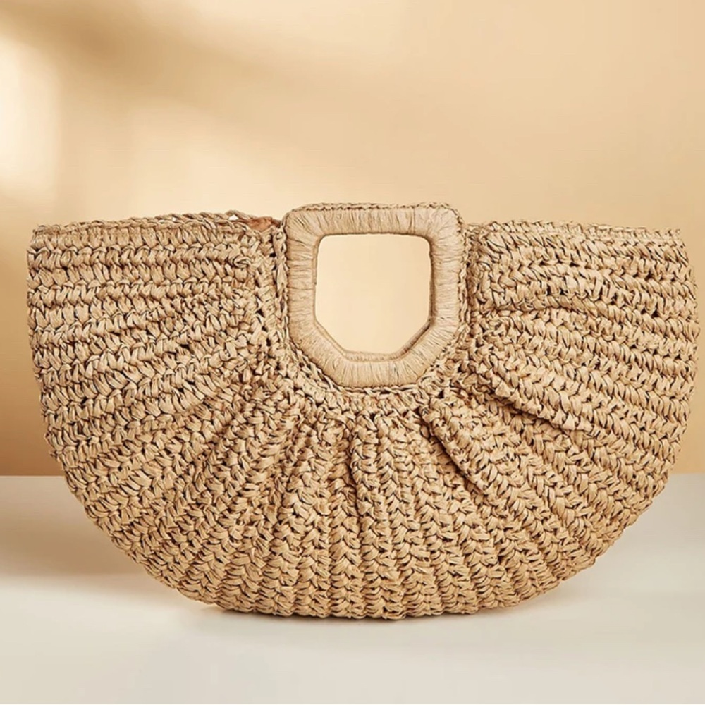 Tan Woven Tote Bag with Intricate Patterns